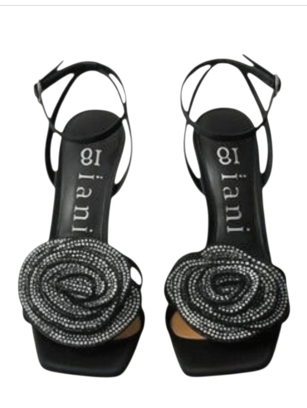 Gianni Bini Iman Rhinestone Rose Square Toe Dress Sandals Black Heels 8